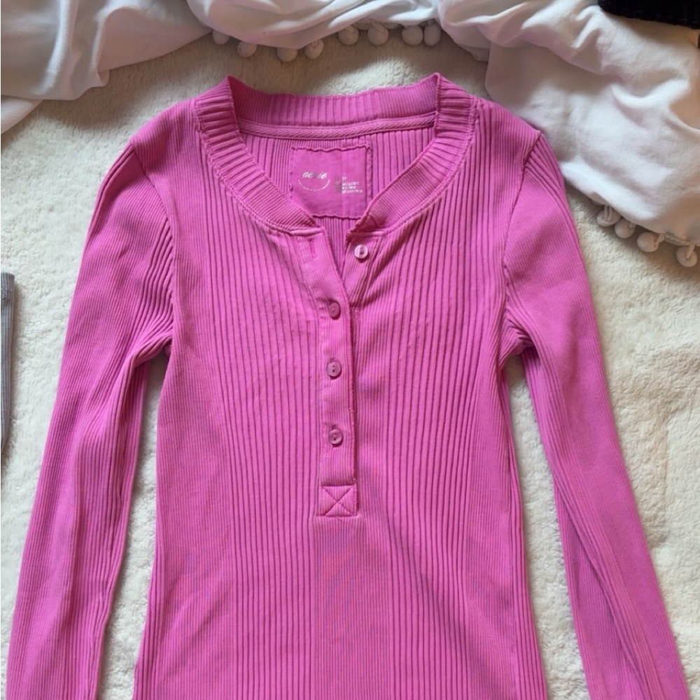 Pink Ribbed Long Sleeve Henley Top